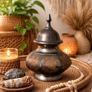 Vintage Two Tone Brass Etched Dish Rose Gold Ginger Jar Urn Italy Boho India MCM
